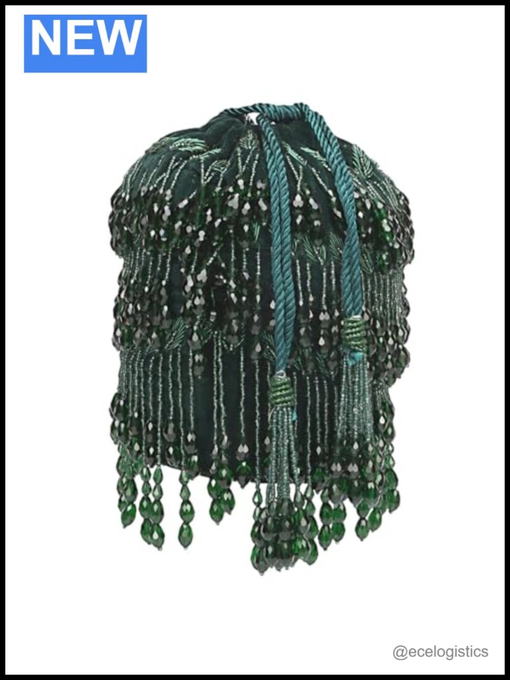 Emerald Velvet Potli Bag with Crystal Bead Fringe, Drawstring Clutch Wristlet